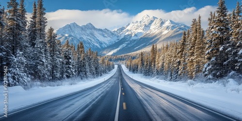 Straight Road Leading to Snowy Mountains Under Clear Blue Skies