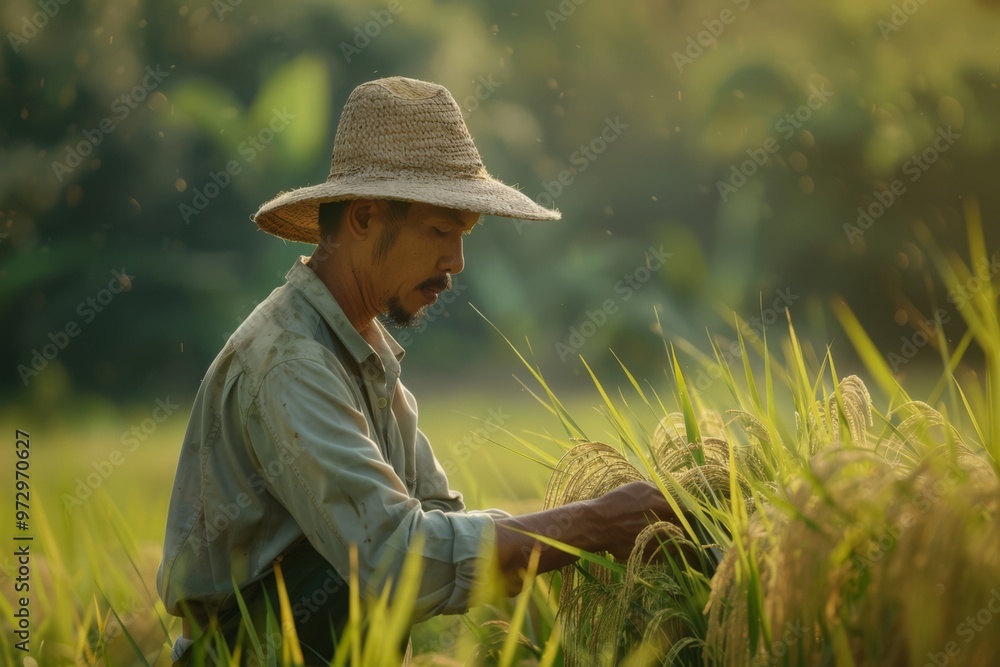 Farmer Working in Rice Paddy Farmer Working in Rice Paddy
