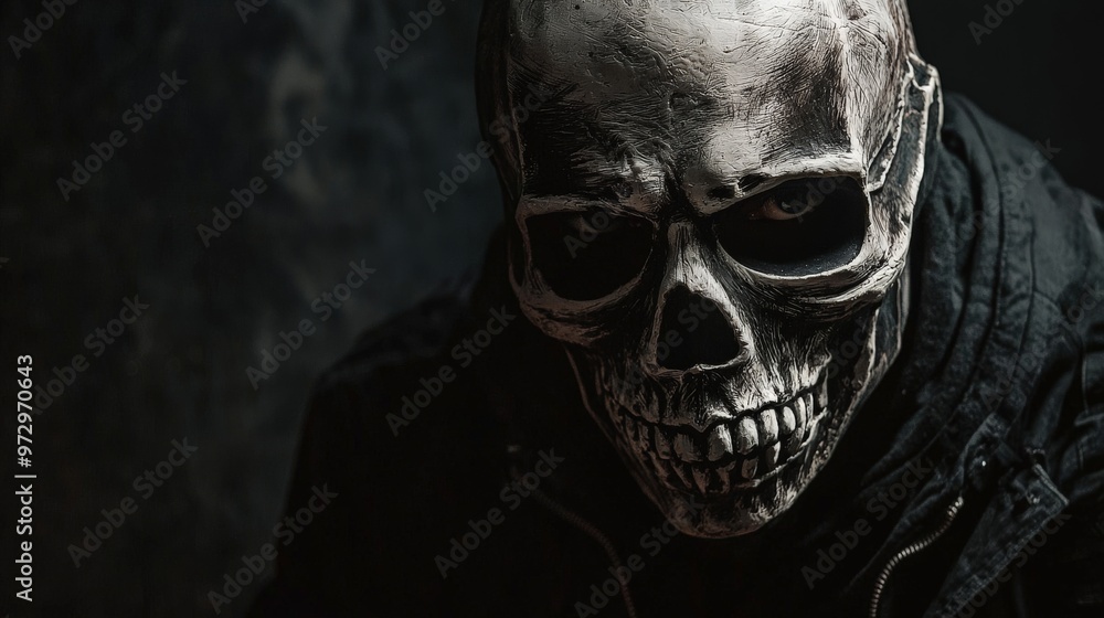 Portrait of a person wearing a skull mask, dramatic lighting, dark background Portrait of a person wearing a skull mask, dramatic lighting, dark background