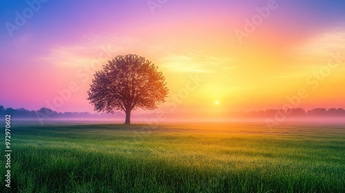 A rural landscape with a sunrise backdrop, featuring a field of dewy grass and a lone tree silhouetted against the colorful sky, evoking a sense of calm and tranquility. photo