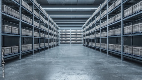 logistics warehouse interior with empty shelves, industrial storage facility for inventory, shipping, and supply chain needs photo