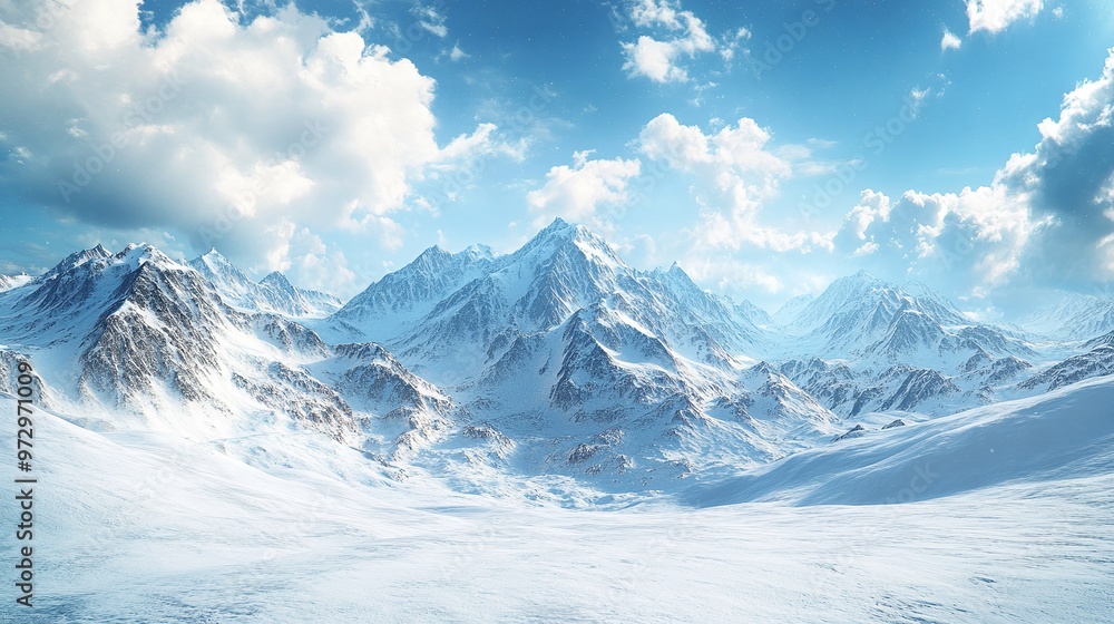 panoramic winter landscape of white snowy mountains, wide view of serene peaks and majestic nature scenery panoramic winter landscape of white snowy mountains, wide view of serene peaks and majestic nature scenery