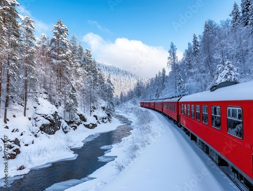 Train moving through a frozen river valley, icy cliffs on one side, snow-dusted trees on the other, river valley train winter, serene winter journey