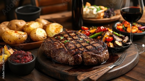 A rustic steakhouse table setup with a large steak, baked potato, and grilled vegetables, creating a hearty and inviting meal presentation. photo