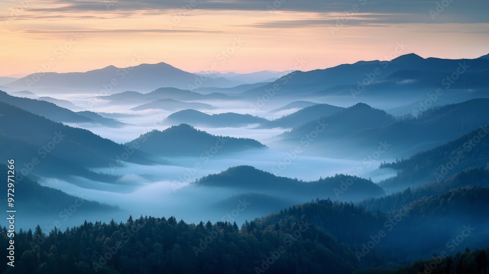 A serene mountain landscape at sunrise, with mist gently rolling over the peaks and valleys, capturing the peaceful beauty of untouched nature A serene mountain landscape at sunrise, with mist gently rolling over the peaks and valleys, capturing the peaceful beauty of untouched nature
