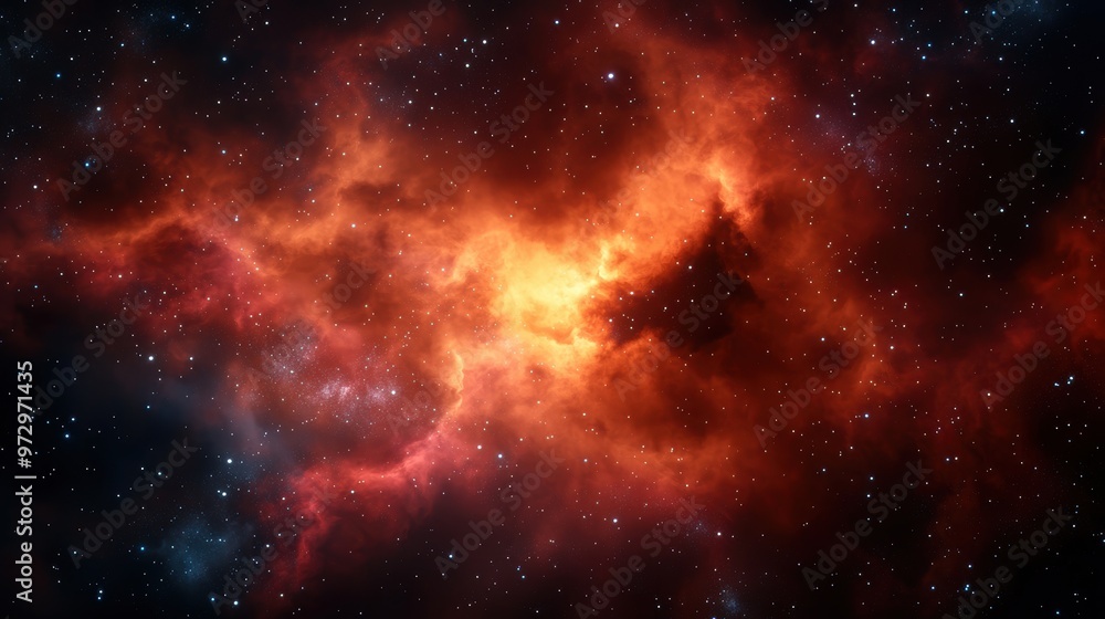 Fototapeta premium A close up of a red and orange cloud in space with many stars