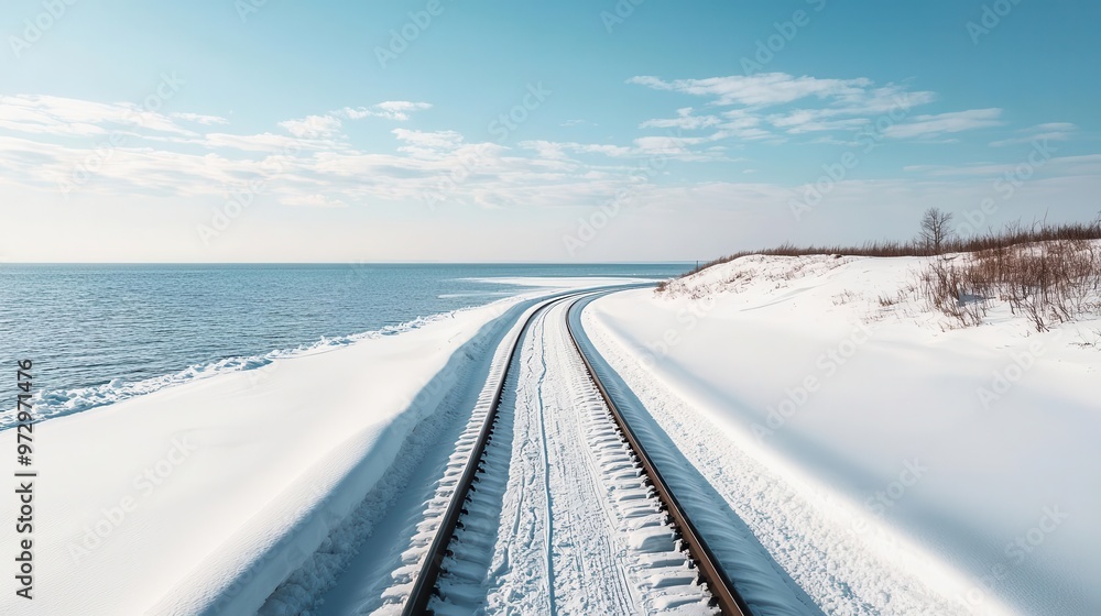 Scenic train route along a snow-covered beach, frozen ocean waves in the distance, coastal railway winter, serene coastal journey Scenic train route along a snow-covered beach, frozen ocean waves in the distance, coastal railway winter, serene coastal journey
