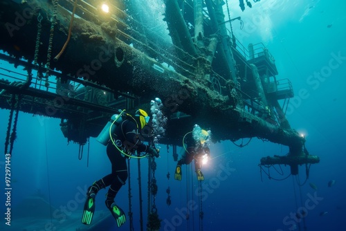 Divers Exploring Underwater Wreckage photo