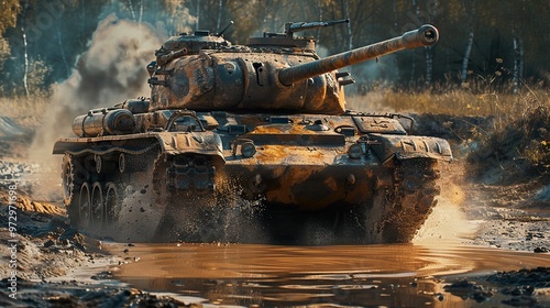 A WWII-era tank drives through a muddy field, kicking up spray and leaving a trail of smoke in its wake.