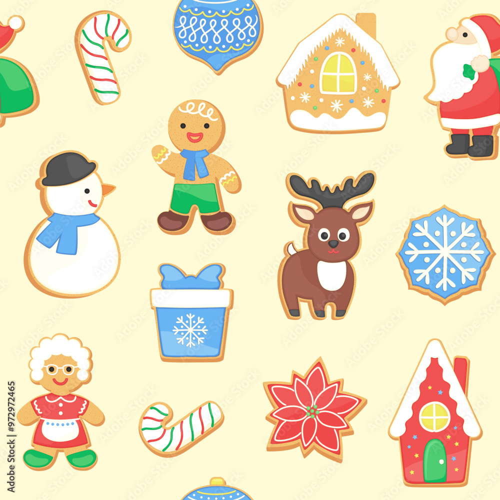 Christmas gingerbread cookies seamless pattern. Cute winter holiday repeat design with cartoon sugar cookie - gingerbread house, Santa, reindeer, Christmas tree. For wrapping paper, fabric print. Christmas gingerbread cookies seamless pattern. Cute winter holiday repeat design with cartoon sugar cookie - gingerbread house, Santa, reindeer, Christmas tree. For wrapping paper, fabric print.