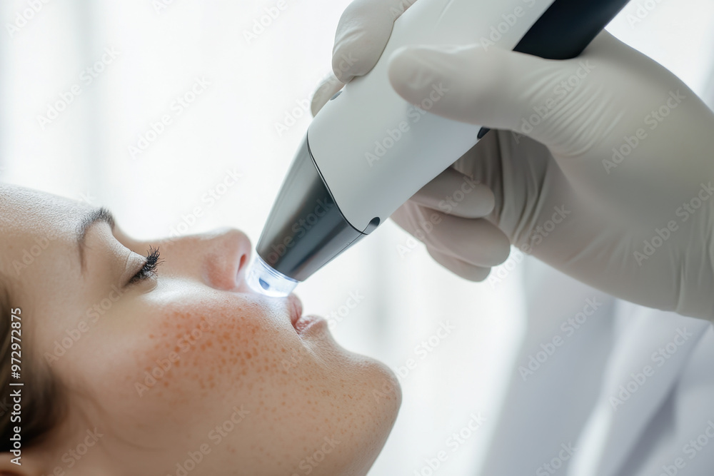 Naklejka premium A doctor using an electronic device to remove skin of a patient for freckles or moles at a clinic, against a white background.