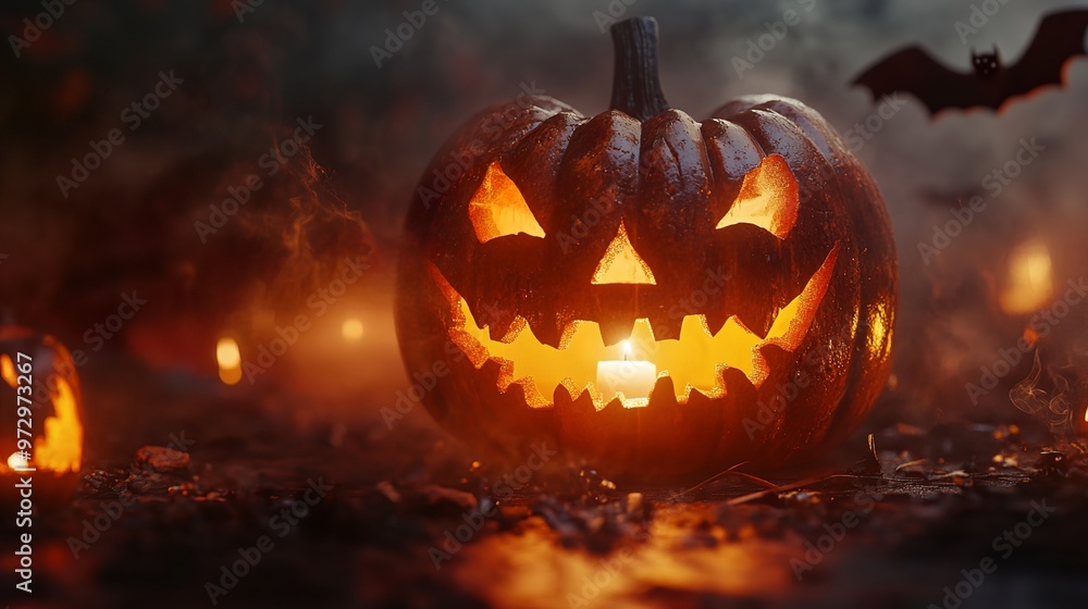 Spooky Halloween Pumpkin Carving with Glowing Candle Inside Spooky Halloween Pumpkin Carving with Glowing Candle Inside