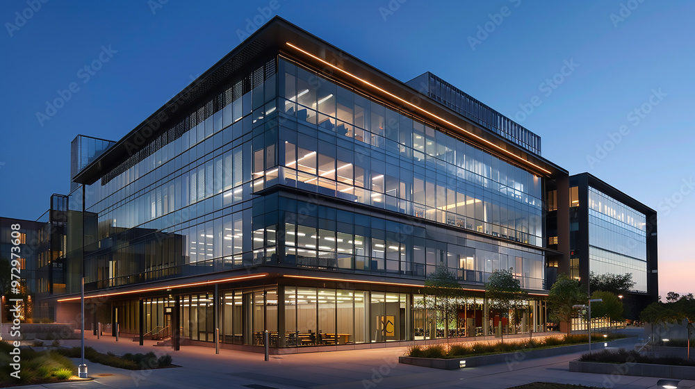 Obraz premium A large building with a lot of windows and a green tree in front Contemporary Exterior Building 