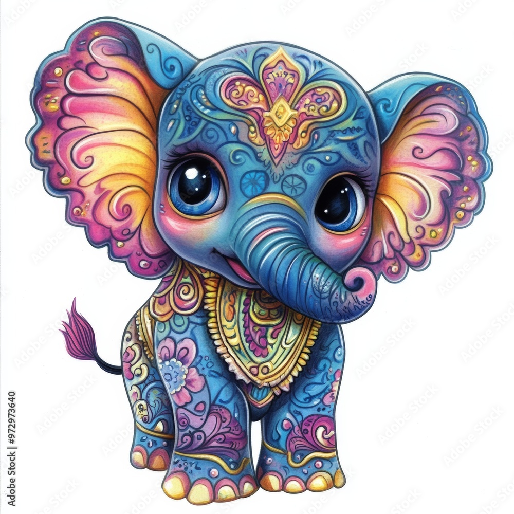 Naklejka premium A colorful, cartoon-style elephant adorned with intricate patterns and designs.