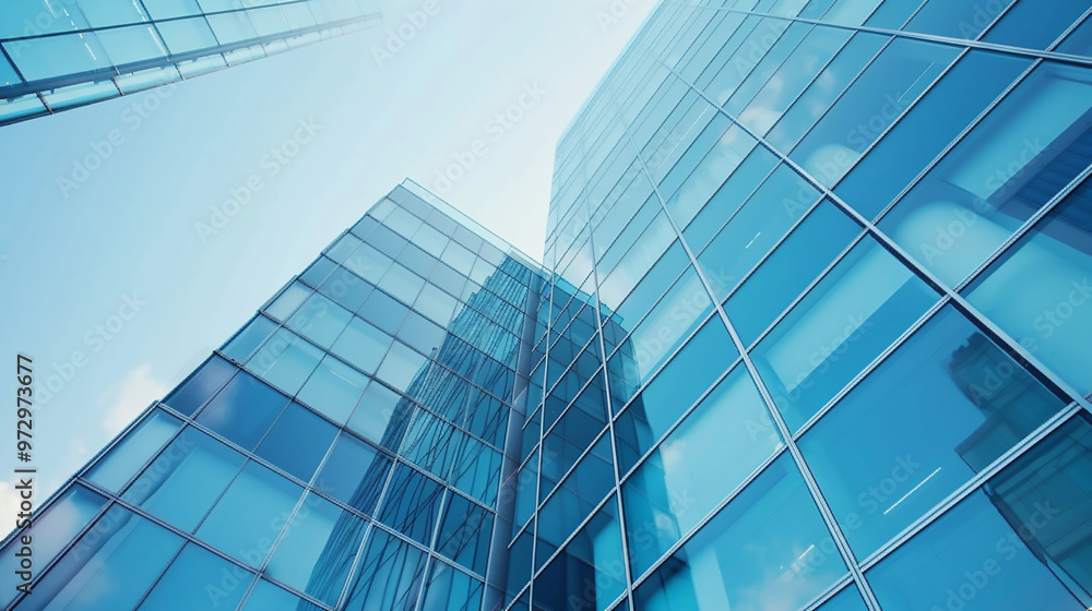 Fototapeta premium Modern glass office building with reflections windows, in a low angle view, with a white sky background