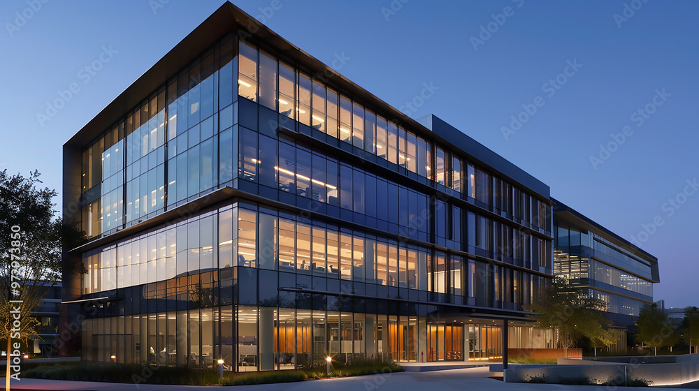 Modern office building exterior with glass walls and sleek design, symbolizing corporate success Modern office building exterior with glass walls and sleek design, symbolizing corporate success