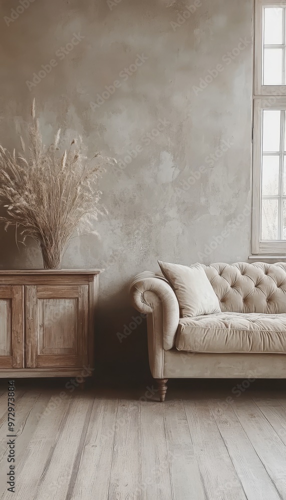 Minimalist Living Room Interior with Beige Sofa, Wooden Cabinet, Dried Flowers and Rustic Wall Minimalist Living Room Interior with Beige Sofa, Wooden Cabinet, Dried Flowers and Rustic Wall