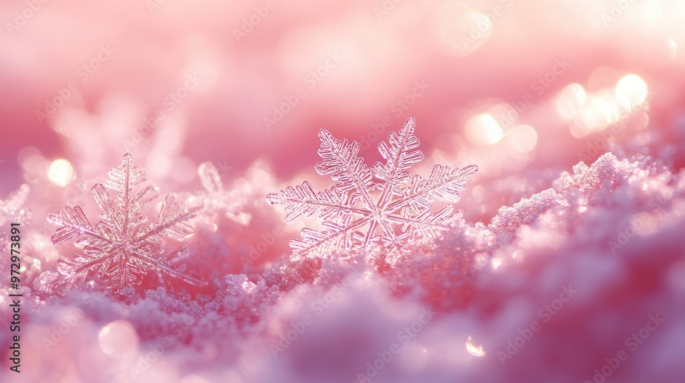 Close-up of snowflakes resting on a pink background, their delicate designs highlighted against the warm color Close-up of snowflakes resting on a pink background, their delicate designs highlighted against the warm color
