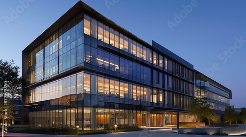 Modern office building exterior with glass walls and sleek design, symbolizing corporate success