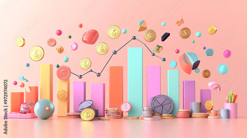 3D model of an upward-trending marketing graph surrounded by coins and product icons, all set on a simple pastel peach background, showcasing business growth and success 3D model of an upward-trending marketing graph surrounded by coins and product icons, all set on a simple pastel peach background, showcasing business growth and success