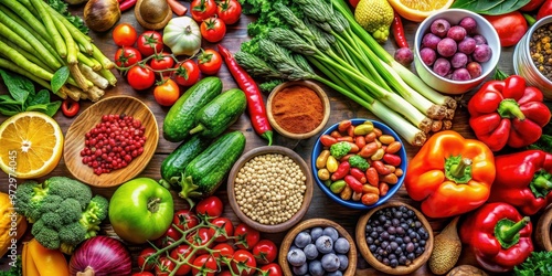 A close-up shot of a colorful array of fresh natural foods from various cuisines, organic, farm-to-table, healthy eating