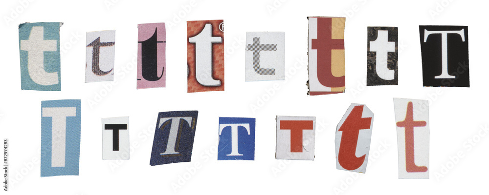 Set of isolated cut-out letter “T” from magazines on a transparent background, retro y2k style Set of isolated cut-out letter “T” from magazines on a transparent background, retro y2k style