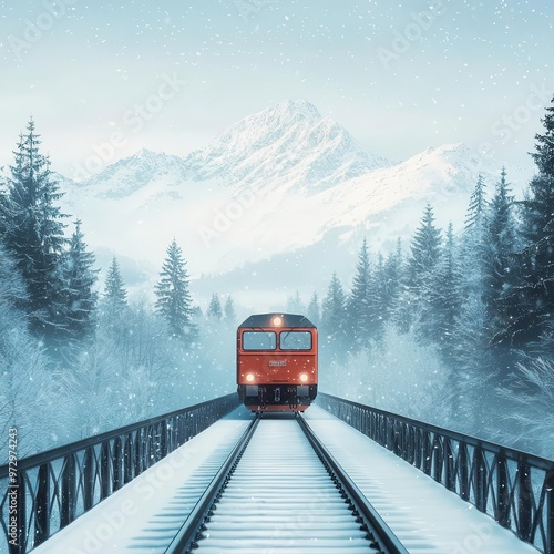 Passenger train on an elevated track above a frozen valley, heavy snowfall cascading down, winter railway landscape, majestic journey photo