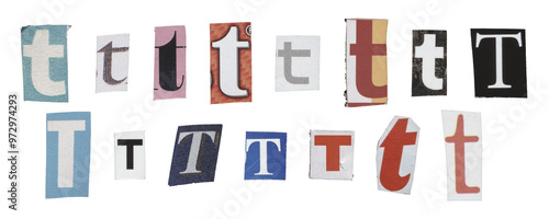 Obraz na płótnie Set of isolated cut-out letter “T” from magazines on a transparent background, r