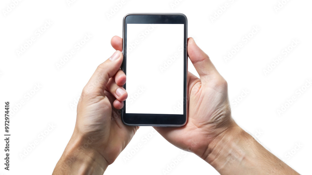 A pair of hands hold a smartphone with a transparent screen vertically against a transparent background. The hand and phone copy space in the center of the image. Communication concept. AI generated. A pair of hands hold a smartphone with a transparent screen vertically against a transparent background. The hand and phone copy space in the center of the image. Communication concept. AI generated.