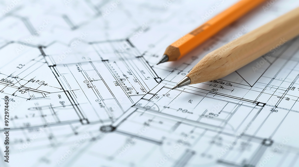 Architect's blueprint with tools, design plans, construction details Architect's blueprint with tools, design plans, construction details