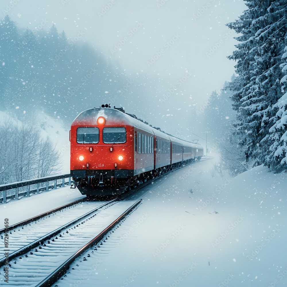 Passenger train on an elevated track above a frozen valley, heavy snowfall cascading down, winter railway landscape, majestic journey Passenger train on an elevated track above a frozen valley, heavy snowfall cascading down, winter railway landscape, majestic journey