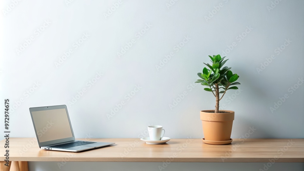 Fototapeta premium Minimalist workspace with a green potted plant creating a sense of natural tranquility, minimalist, workspace