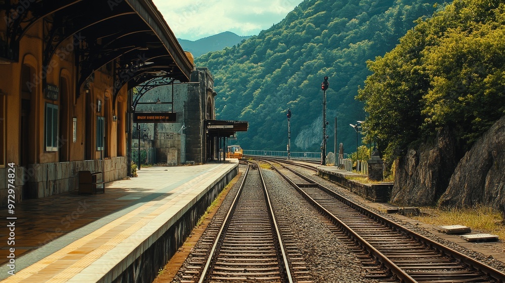 A scenic shot of a train station located in a picturesque setting, such as near mountains or by the sea, highlighting the connection between travel and landscape A scenic shot of a train station located in a picturesque setting, such as near mountains or by the sea, highlighting the connection between travel and landscape