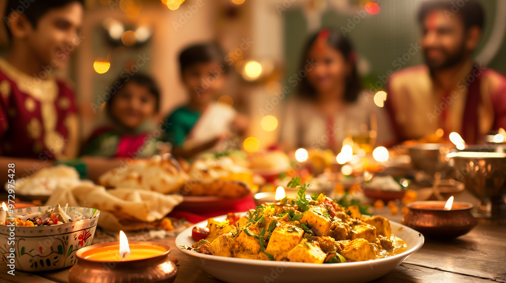 Festive Indian meal with paneer curry during Diwali celebration. Festive Indian meal with paneer curry during Diwali celebration.