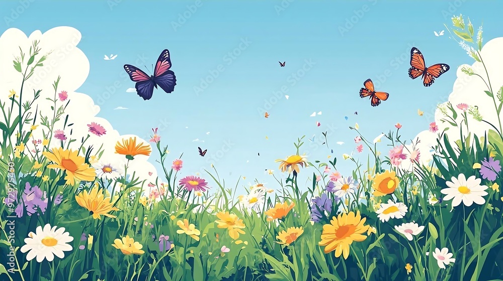 Colorful Wildflowers and Butterflies in a Sunny Meadow