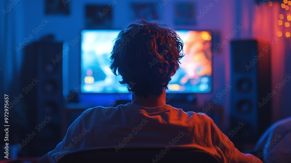 person seen from the back playing video games, enjoying virtual entertainment and interactive gaming experience person seen from the back playing video games, enjoying virtual entertainment and interactive gaming experience