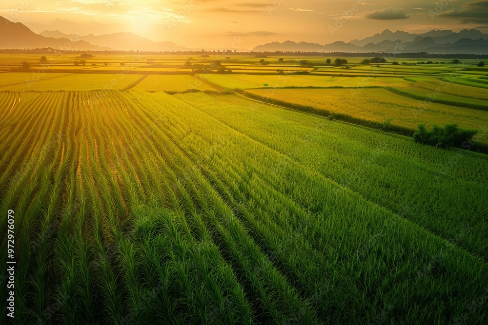 Obraz premium Golden Sunset Over Lush Rice Fields