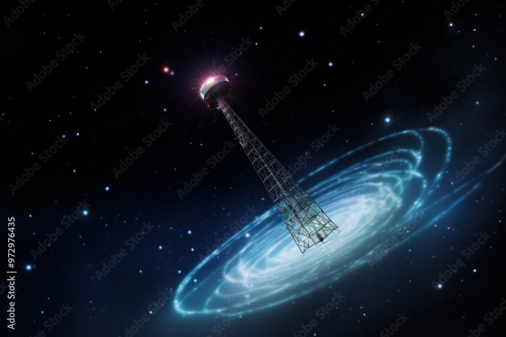 A close-up view of a cell phone's antenna emitting a concentrated beam of radio waves, connecting with a satellite in space. A close-up view of a cell phone's antenna emitting a concentrated beam of radio waves, connecting with a satellite in space.