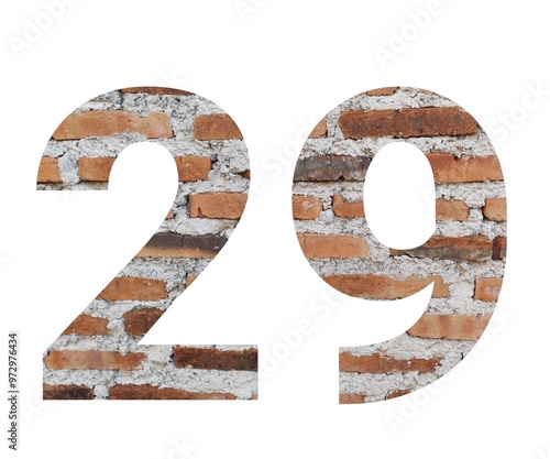 A vintage-style illustration of the number 29, created using a brick wall texture. Perfect for adding a rustic touch to designs related to construction, age, or history