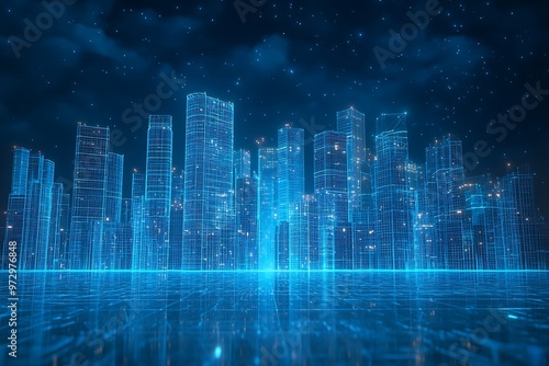 A city skyline depicted with glowing blue wireframe structures, representing a futuristic urban landscape and modern architectural design in a digitalized, high-tech world.