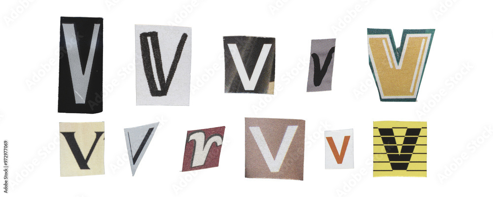 Set of isolated cut-out letter “V” from magazines on a transparent background, retro y2k style Set of isolated cut-out letter “V” from magazines on a transparent background, retro y2k style