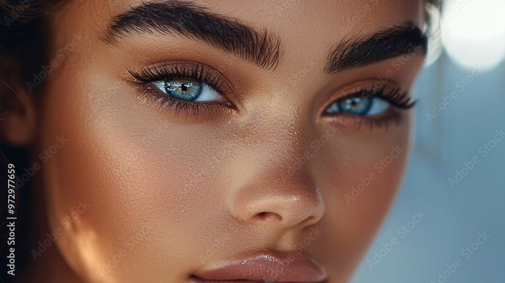 Close-up of a woman with perfectly blended makeup, highlighting her eyebrows, with a soft-focus background. Close-up of a woman with perfectly blended makeup, highlighting her eyebrows, with a soft-focus background.