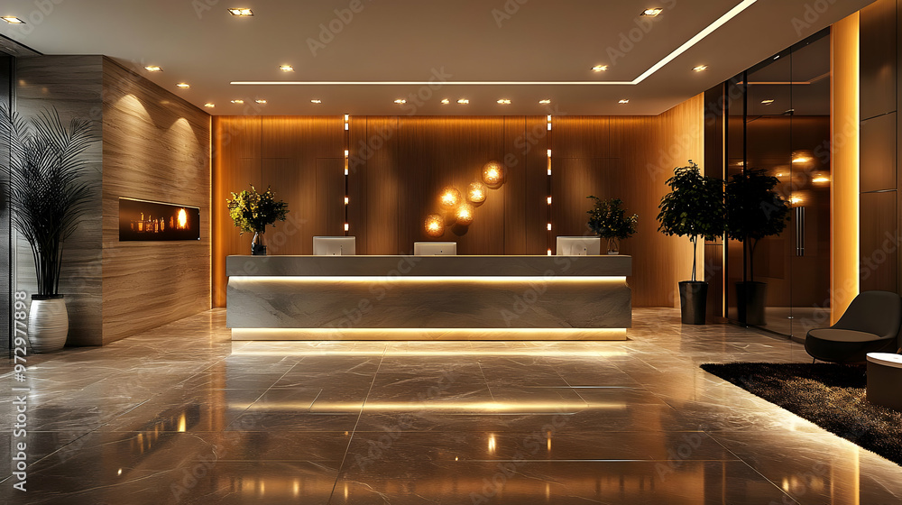 Modern reception area with elegant lighting and decor, designed for welcoming guests. Modern reception area with elegant lighting and decor, designed for welcoming guests.