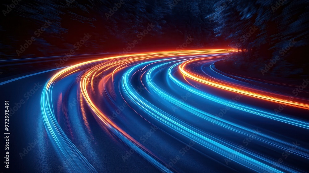 Dynamic Light Trails on a Curving Road at Night, Transport and Technology Themes Dynamic Light Trails on a Curving Road at Night, Transport and Technology Themes