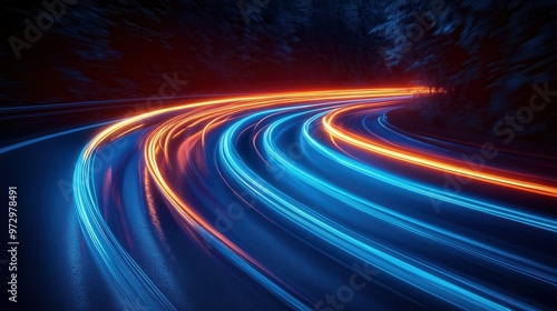 Dynamic Light Trails on a Curving Road at Night, Transport and Technology Themes