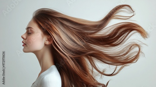 young woman with beautiful hair in motion, dynamic portrait of a model shaking her hair on a light gray background