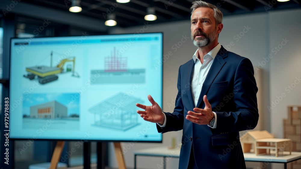 General manager of major construction company gives keynote presentation in sleek office space General manager of major construction company gives keynote presentation in sleek office space