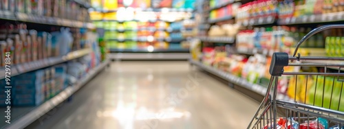 Wallpaper Mural Empty shopping cart in a brightly lit grocery store aisle Torontodigital.ca