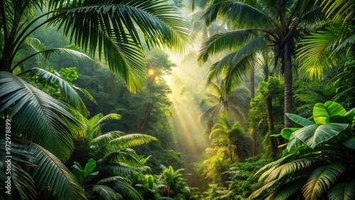 Lush tropical rainforest landscape in backlit setting, rainforest, tropical, green, vibrant, foliage, lush, sunlight, nature