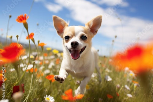 A happy Chihuahua frolicking in a field of wildflowers